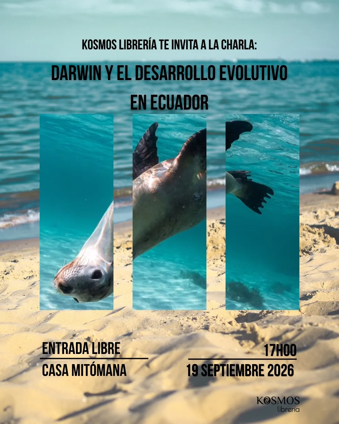 Afiche oficial de la charla sobre Charles Darwin, selección natural y desarrollo evolutivo en Ecuador en Kosmos Librería.