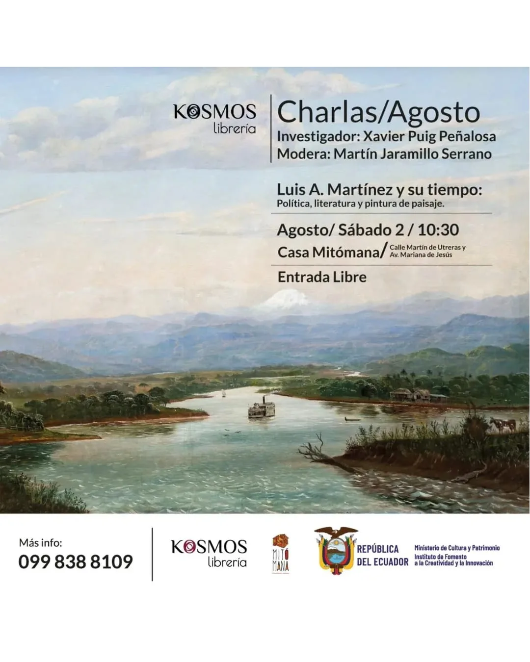 Afiche oficial de la charla Política, literatura y pintura de paisaje sobre Luis A. Martínez en Kosmos Librería
